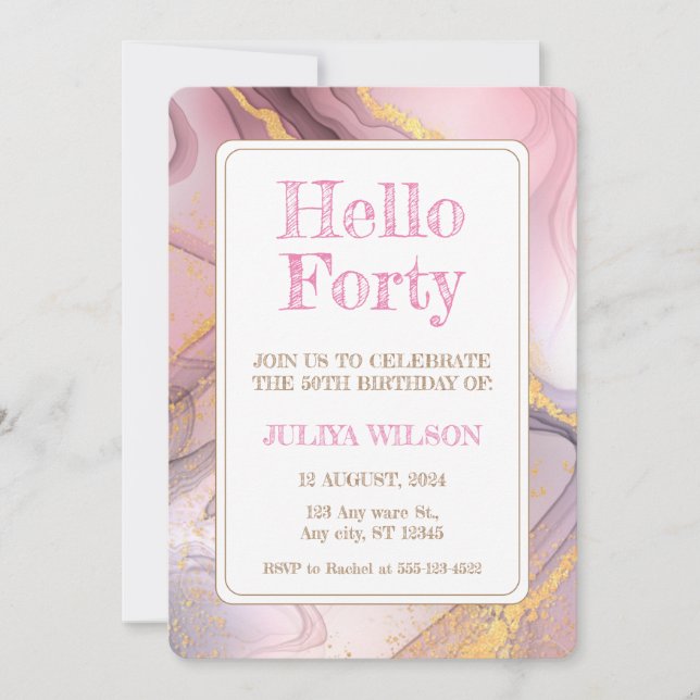 Hello forty Gold glitter pink birthday party Invitation (Front)