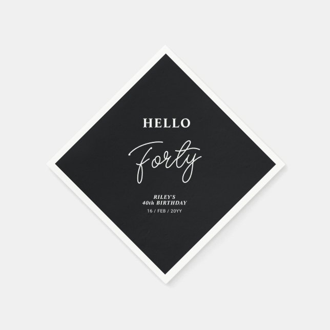 Hello Forty | Modern Black 40th Birthday Party Napkins (Corner)