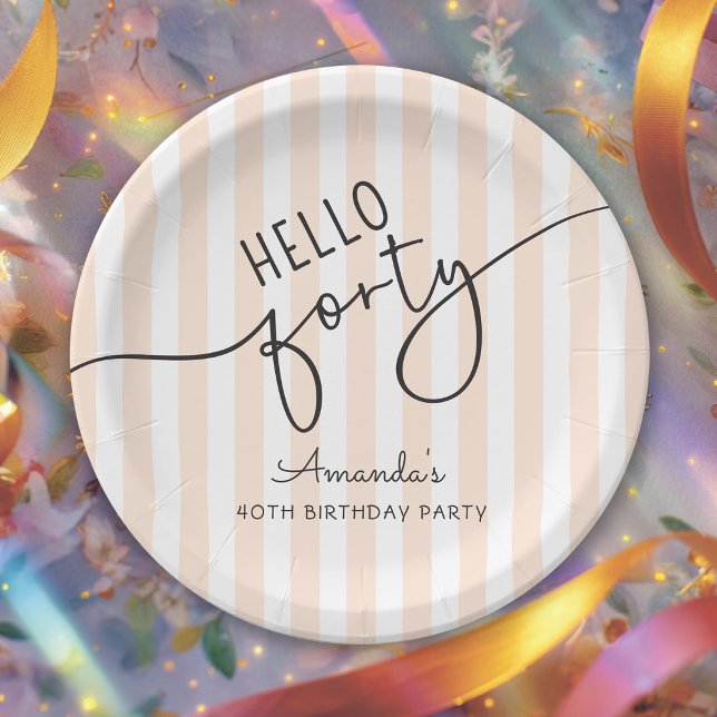 Hello Forty Modern Script Chic 40th Birthday Party Paper Plates (Creator Uploaded)
