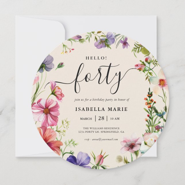 Hello Forty Pretty Floral 40th Birthday  Invitation (Front)