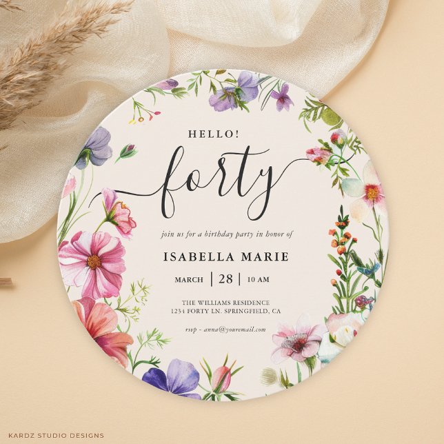 Hello Forty Pretty Floral 40th Birthday  Invitation (Invitation shown in a round shape, choose size and corner style.)