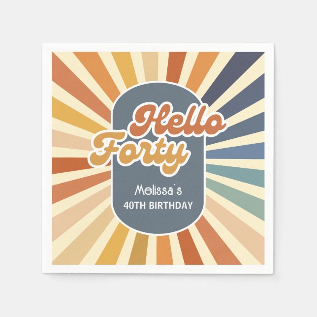 Hello Forty Retro Sun Groovy Wave Birthday Napkins (Front)