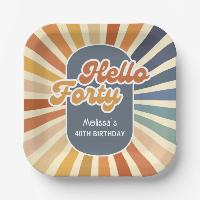Hello Forty Retro Sun Groovy Wave Birthday Paper Plates (Front)