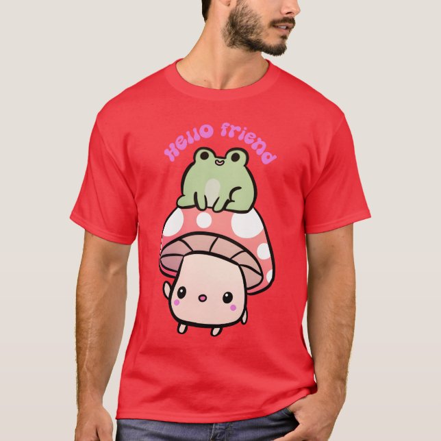 Hello Friend A Cute Mushroom And Frog Friends frie T-Shirt (Front)
