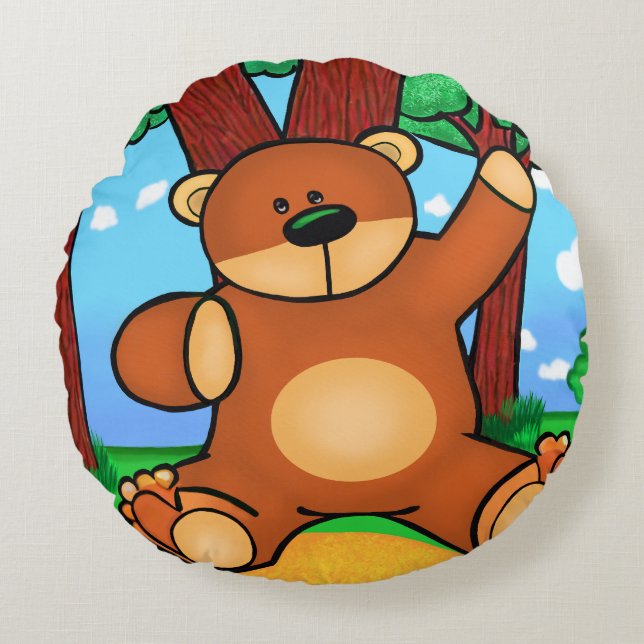 Hello friend: Bear in grassland Round Pillow (Front)