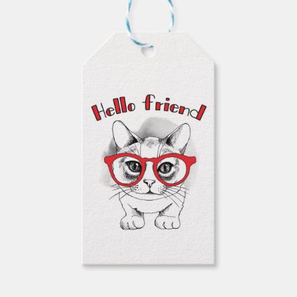 Hello Friend Cat with Glasses Gift Tag