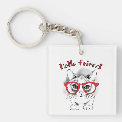 Hello Friend Cat with Glasses Key Chain