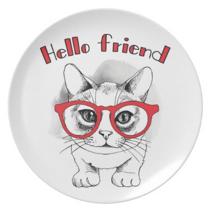 Hello Friend Cat with Glasses Plate