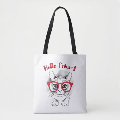 Hello Friend Cat with Glasses Tote Bag