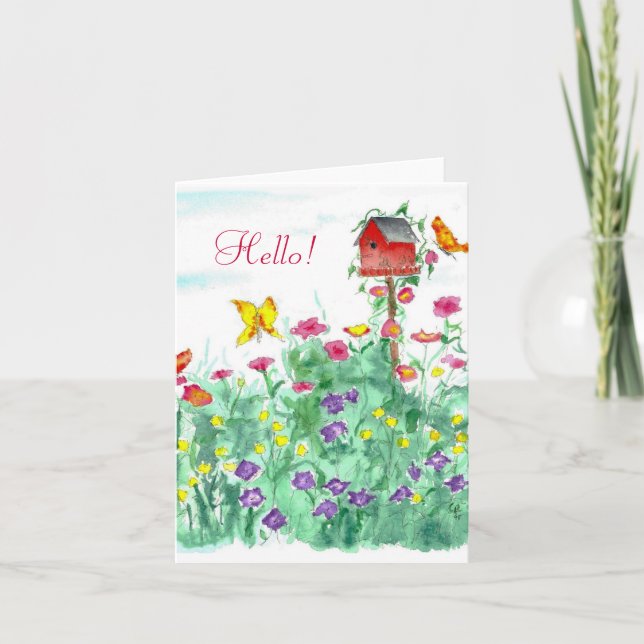 Hello Friend Red Birdhouse Butterfly Flower Card (Front)