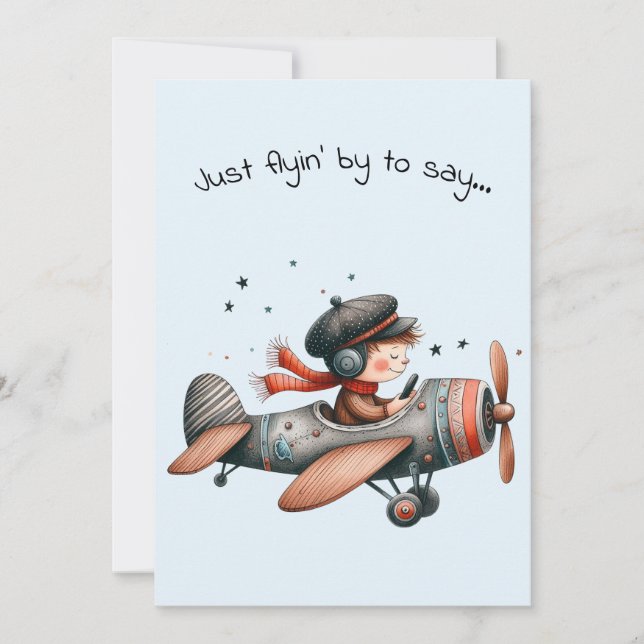 Hello Friendship Kid Flying Cute Propeller Plane Card (Front)
