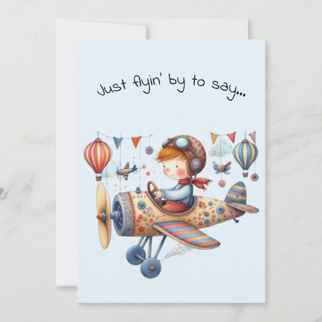 Hello Friendship Kid Flying Whimsical Plane Card (Front)