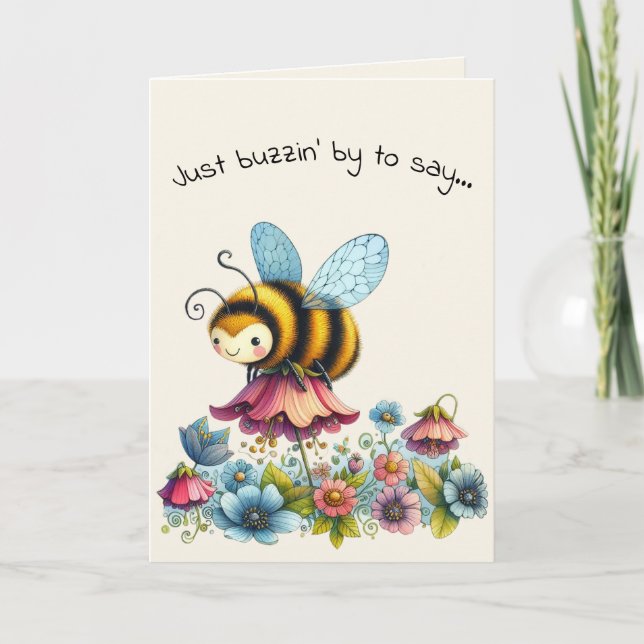 Hello Friendship Whimsical Bee and Flowers Card (Front)