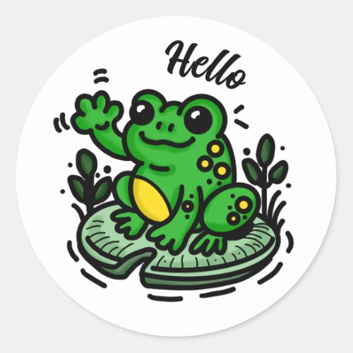 Hello  Frog on Lily Pad Hand Drawn Classic Round Sticker