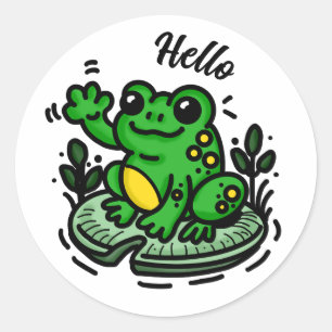 Hello Frog on Lily Pad Hand Drawn Classic Round Sticker