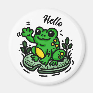 Hello Frog on Lily Pad Hand Drawn Magnet