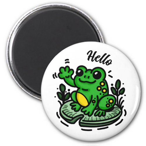 Hello  Frog on Lily Pad Hand Drawn Magnet