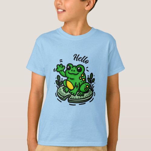 Hello  Frog on Lily Pad Hand Drawn T_Shirt