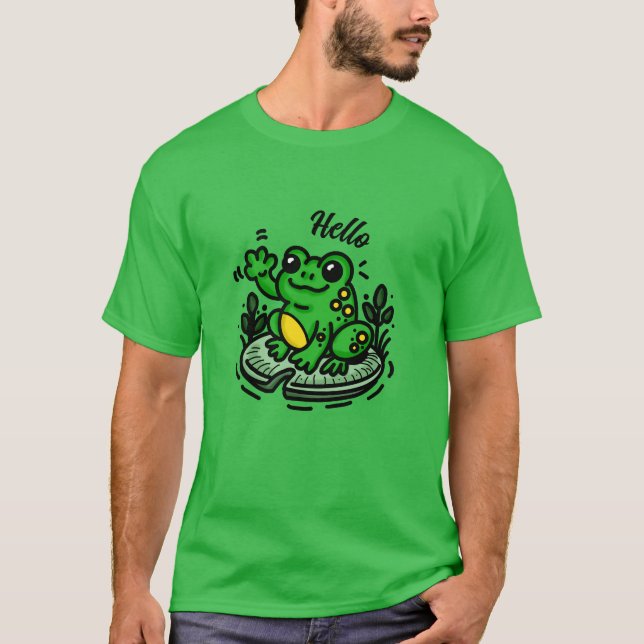 Hello | Frog on Lily Pad Hand Drawn T-Shirt (Front)