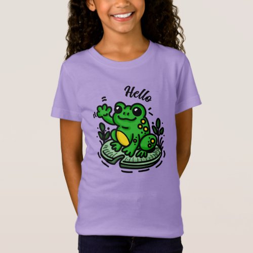 Hello  Frog on Lily Pad Hand Drawn T_Shirt