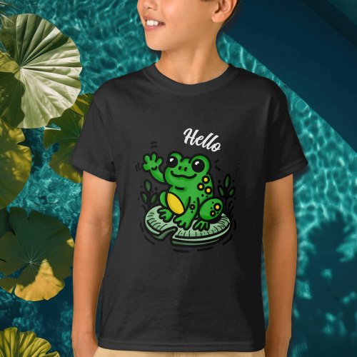 Hello  Frog on Lily Pad Hand Drawn T_Shirt