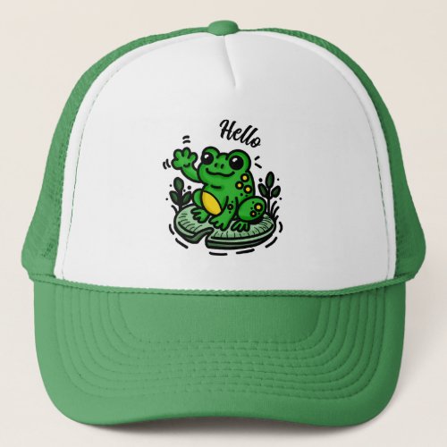 Hello  Frog on Lily Pad Hand Drawn Trucker Hat