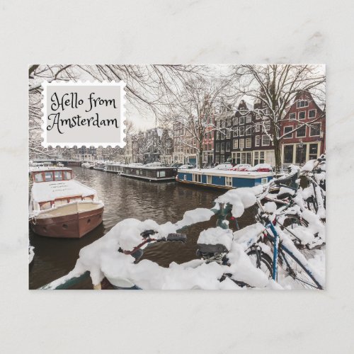 Hello from Amsterdam Winter Snow in the City Postcard