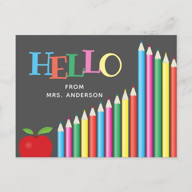 Hello From Teacher Colored Pencils Chalkboard Postcard (Front)