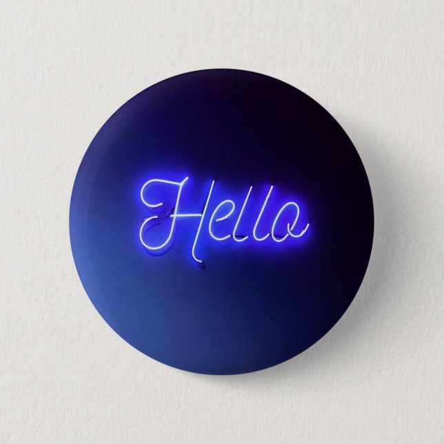 Hello Fun Neon Blue Sign Bright and Cheerful Button (Front)