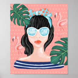 Hello Girl | Beach Beauty Retro Tropical Flamingo Poster