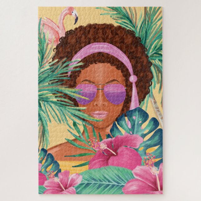 Hello Girl Beach Beauty Tropical Palm & Flamingo Jigsaw Puzzle (Vertical)