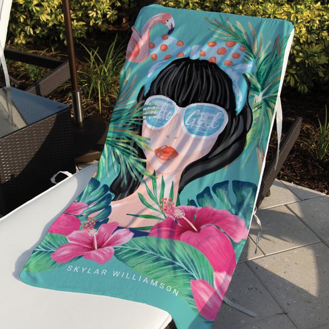 Hello Girl Summer Tropical Palm Tree Pink Flamingo Beach Towel (Creator Uploaded)