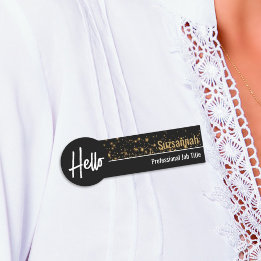 Hello Gold Bokeh Black & Gold Professional Name Tag