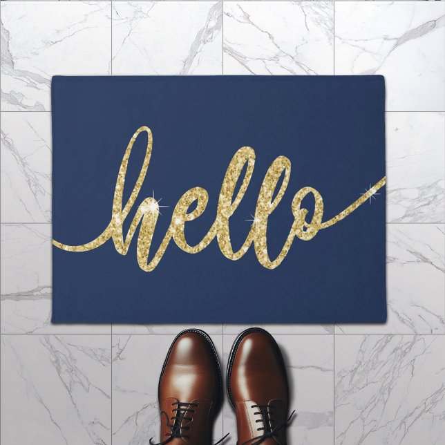 Hello Gold Typography Minimalist Navy Blue Welcome Doormat (Creator Uploaded)