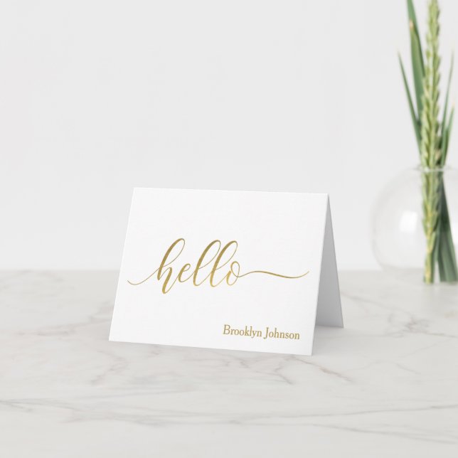 "Hello" Gold Typography Name Personalized Note Card (Front)