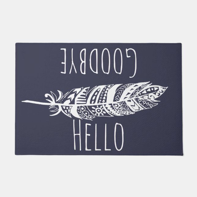 Hello Goodbye White Tribal Feather Doormat (Front)