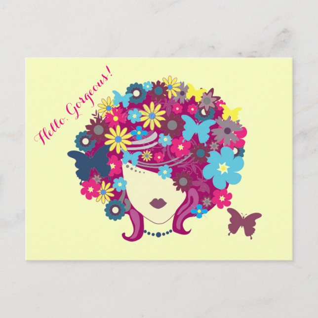 Hello, Gorgeous! Beautiful Flower Lady Postcard (Front)