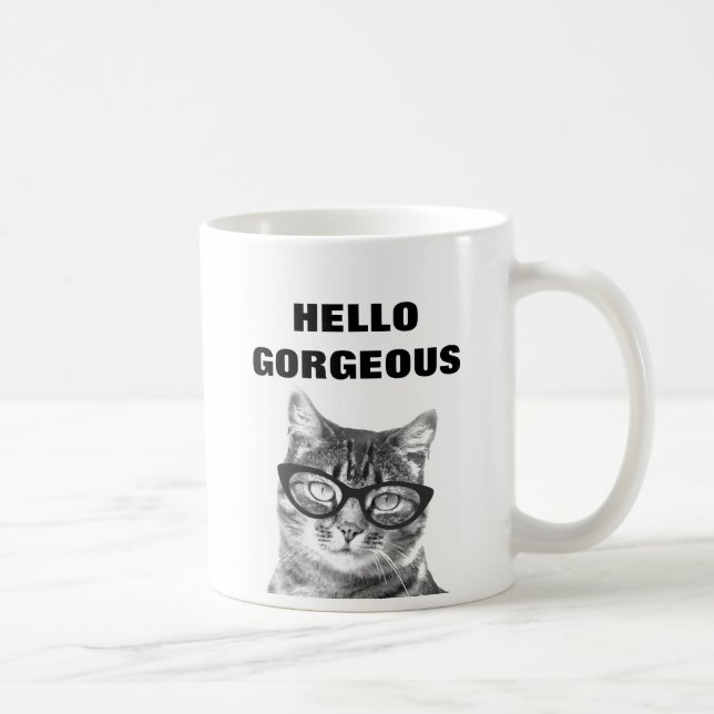 Hello Gorgeous black and white 11oz cat mug (Right)