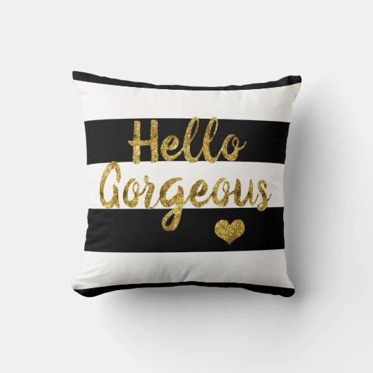 Hello Black and White Striped Throw Pillow