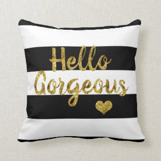 Hello Gorgeous Black and White Striped Throw Pillow