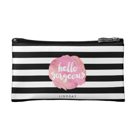 Hello Gorgeous Black Stripe & Pink Watercolor Makeup Bag