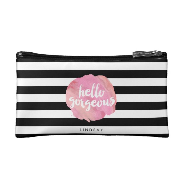 Hello Gorgeous Black Stripe & Pink Watercolor Makeup Bag (Front)