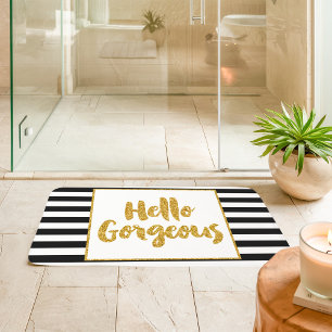 Hello Gorgeous Black & White Gold Glitter Stripes Bathroom Mat