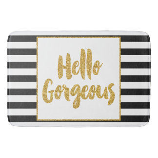 Hello Gorgeous Black & White Gold Glitter Stripes Bathroom Mat