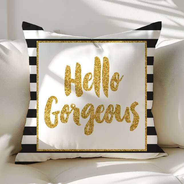 Hello Gorgeous Black & White Gold Glitter Stripes Throw Pillow (Creator Uploaded)