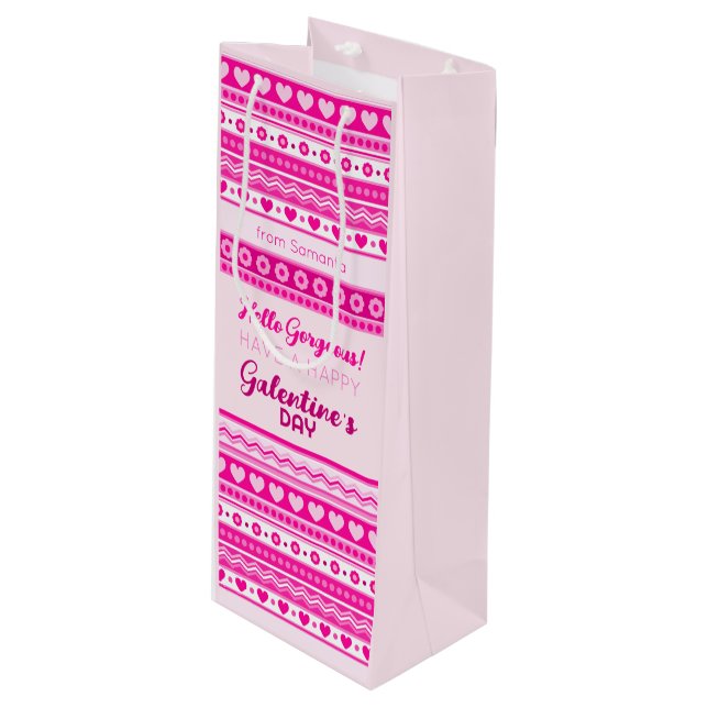 Hello Gorgeous Galentine Day Cute Pink Heart Name Wine Gift Bag (Front Angled)