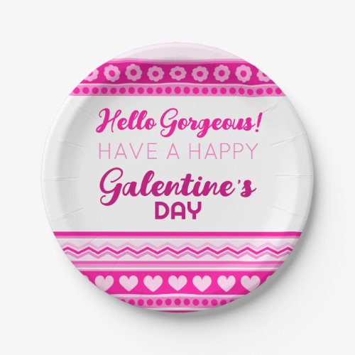 Hello Gorgeous Galentineâs Day Cute Pink Heart Paper Plates