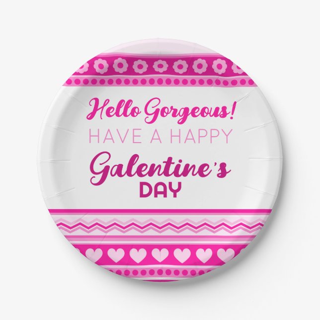 Hello Gorgeous Galentine’s Day Cute Pink Heart Paper Plates (Front)