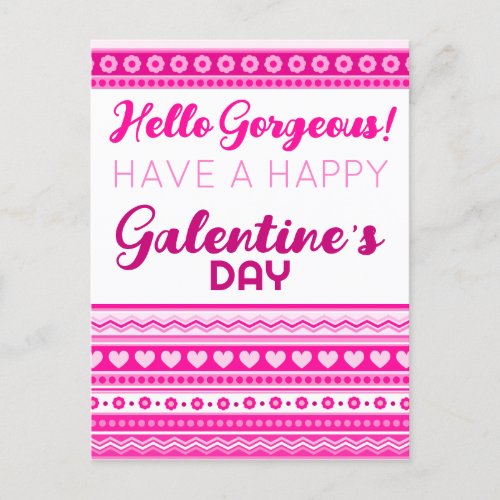 Hello Gorgeous Galentineâs Day Cute Pink Heart Postcard