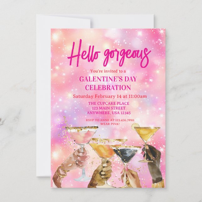 Hello Gorgeous Galentine's Day Glitter Pink Invitation (Front)